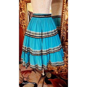 Vintage 50&#39;s Blue Cotton Gauze Patio Circle Skirt with Velvet and Metallic Trim