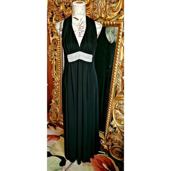 Vintage 70's Julie Miller Black Goddess Gown With Metallic Vintage 70's Julie Miller Black Goddess Gown With Metallic