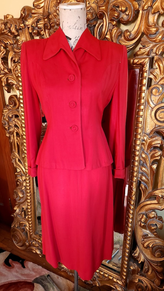 Vintage 40's Red Peplum Skirt Suit