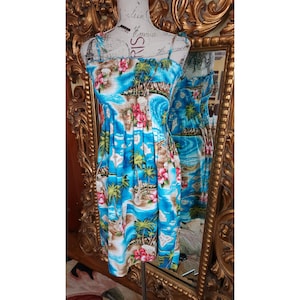 Robe vintage des années 70 Shannon Marie Hawiian à imprimé touristique bleu avec haut tube