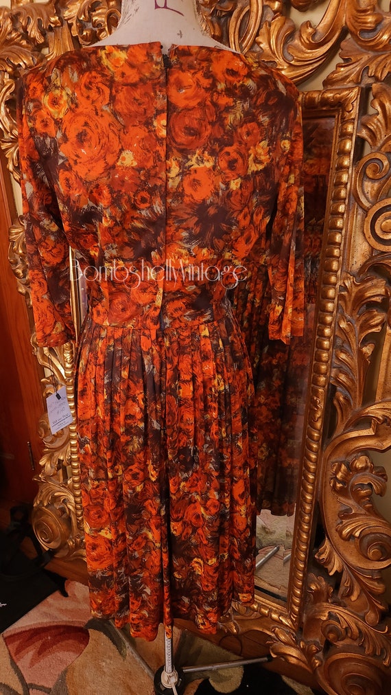 Vintage 60's Fall Floral Print Rayon Jersey Pleat… - image 3