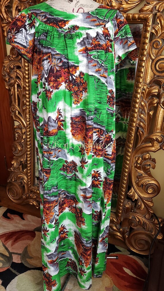 Vintage 60's Green Scenic Hawaiian Muumuu Dress