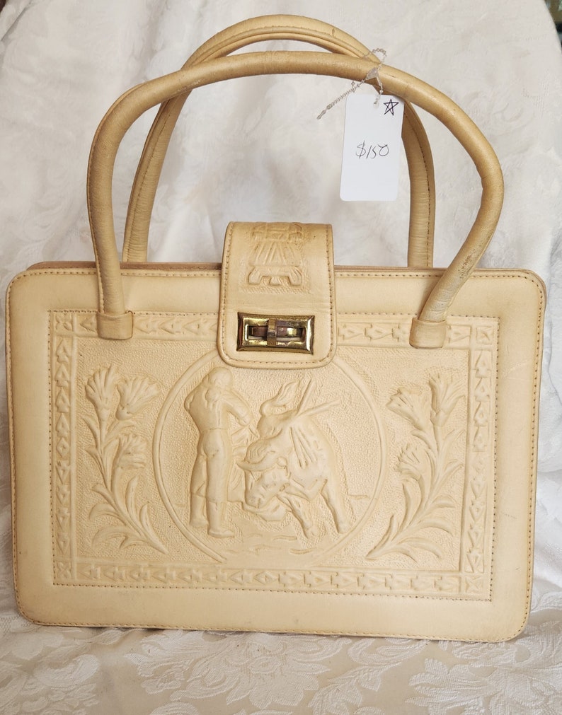 Vintage 70's Ivory Hand Tooled Bull Fighter Leather Mexican Handbag image 1