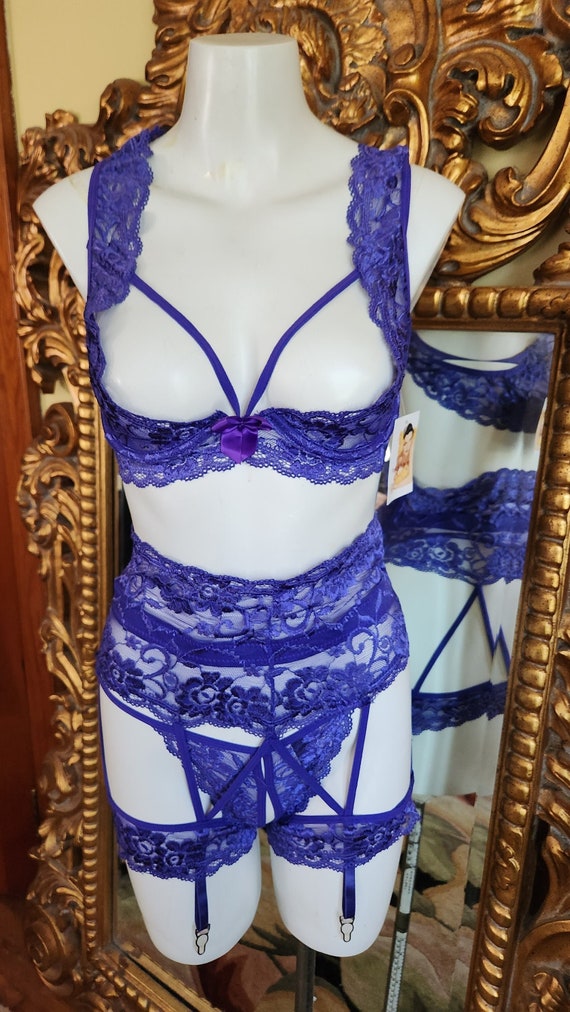 Vintage Fredericks of Hollywood Purple Lace Three Piece Bra Pantie and  Garter Set 