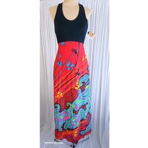 Vintage 60er Jahre Berkleigh Juniors Psychedelic Halter Maxikleid - Modisches abstraktes Empire-Taillen-Hippie-Boho-Kleid