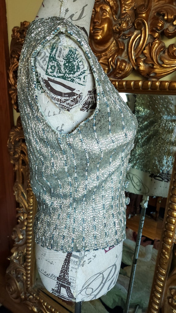 Vintage 90's Heavily Beaded Silver Vest Top with … - image 2