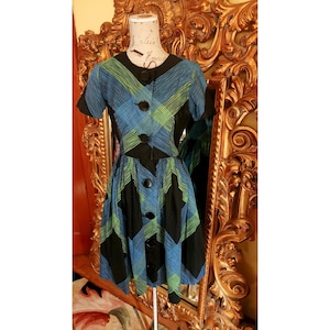 Vintage 50&#39;s Black Blue and Green Fit and Flare Day Dress