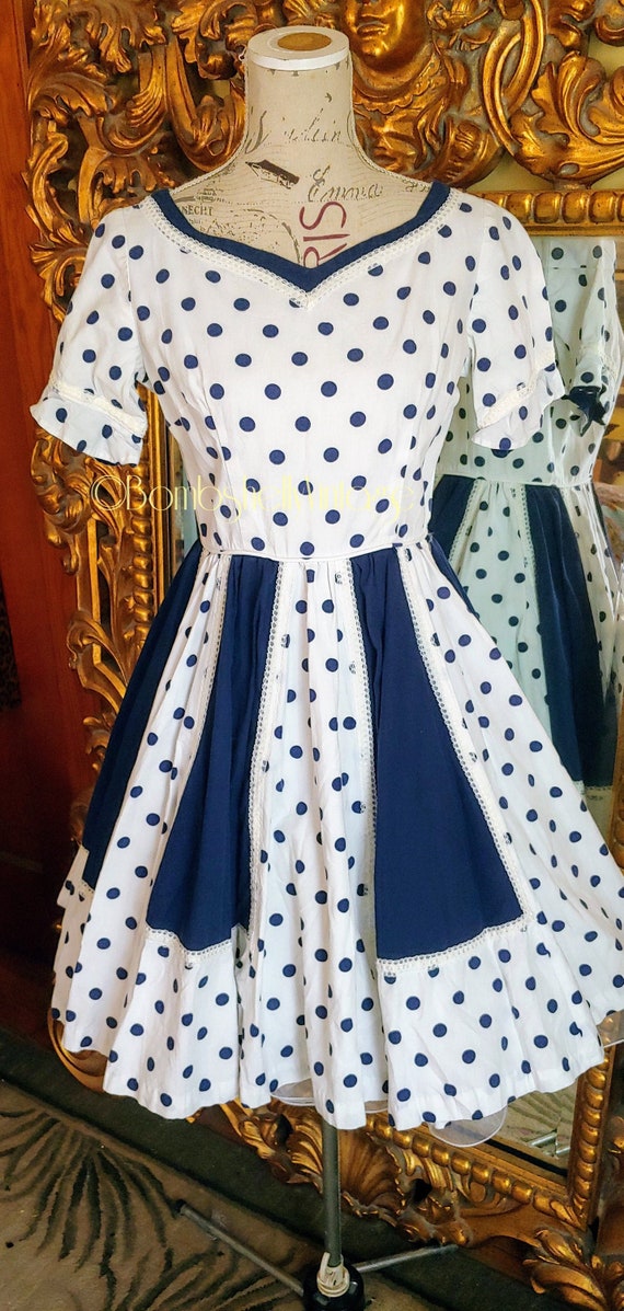 Vintage Navy Blue and White Polka Dot Square Dance