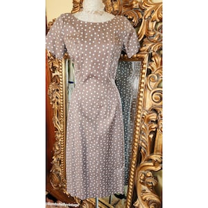 Vintage 50&#39;s Silk Taupe Polka Dot Wiggle Dress with Ruffled Back