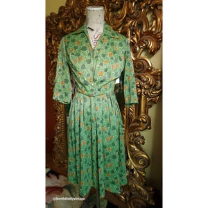 Vintage 50&#39;s Green Cotton Print Zip Front Dress with Cropped Jacket
