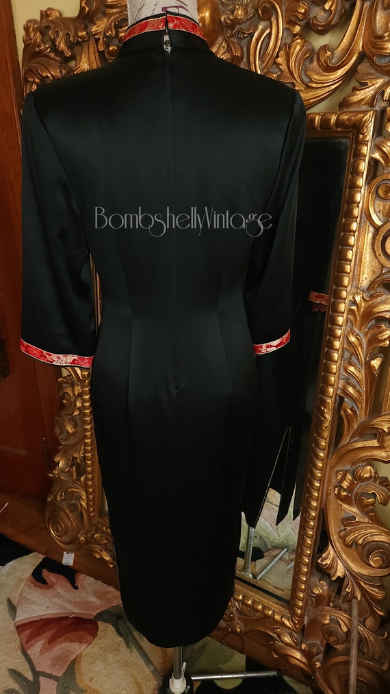 Vintage 80's Black Satin Cheongsam Dress with Red… - image 3