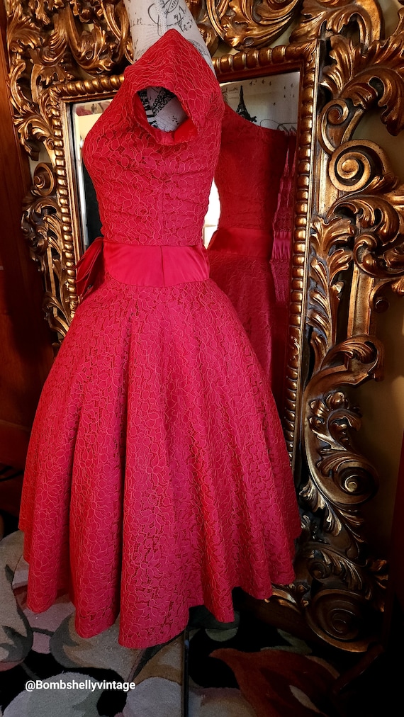 Vintage 50's Red Lace Fit and Flare Party Dress - image 2