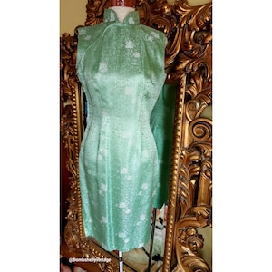 Vintage 60&#39;s Green and Gold Brocade Cheongsam Style Dress