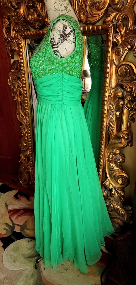 Vintage 60's Mike Benet Green Chiffon Beaded Form… - image 2
