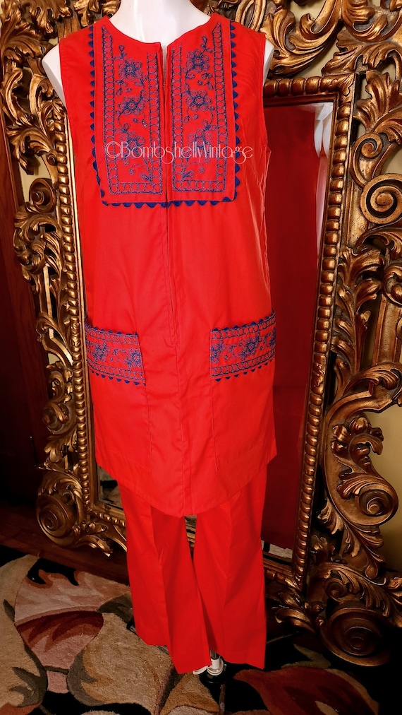 Vintage 60's Red Embroidered Tunic and Pants Set