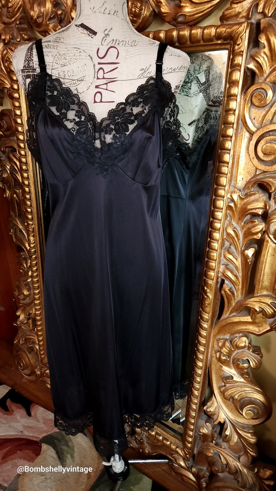 Vintage 70's Lorraine Black Dress Slip XL - image 1