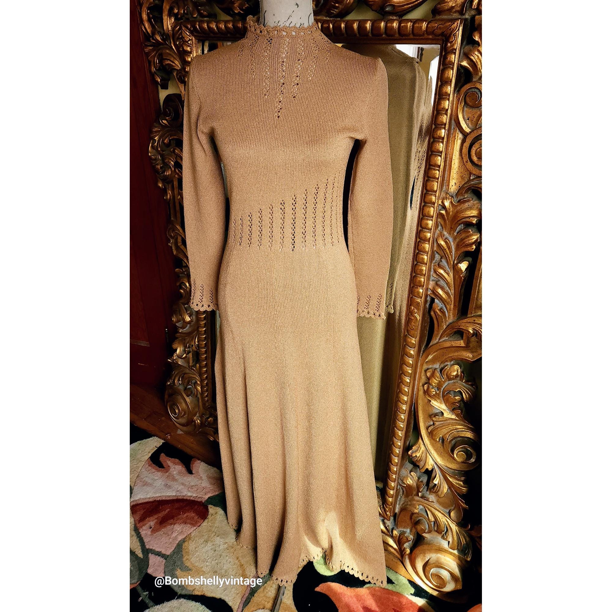 ワンピース 70s Loose Cotton Knit Dress Vintage 70's Miss Joann California Tan Cotton Knit Maxi