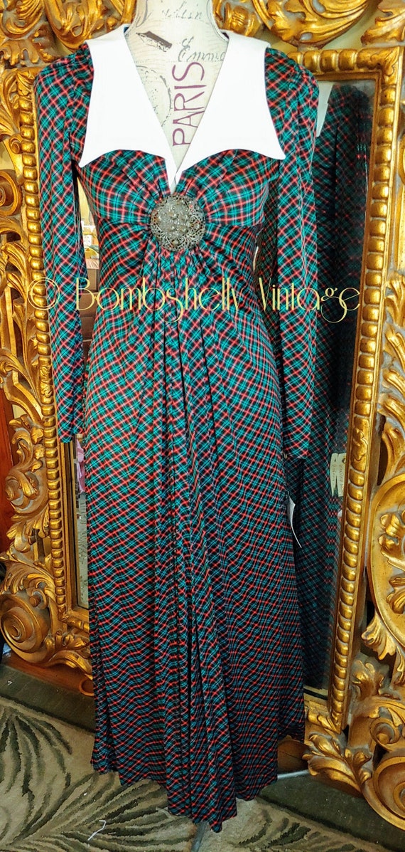 Vintage 1970's Corky Craig Green & Red Plaid Maxi
