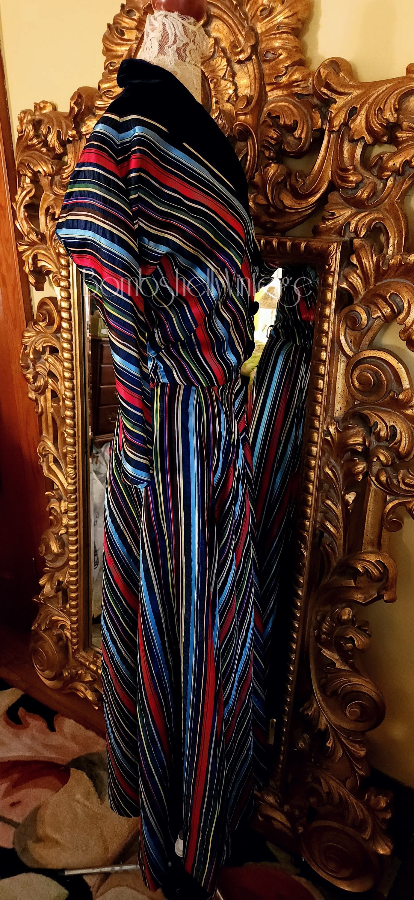 Vintage 40's Maxan Rainbow Stripe Seersucker House Dress With Navy