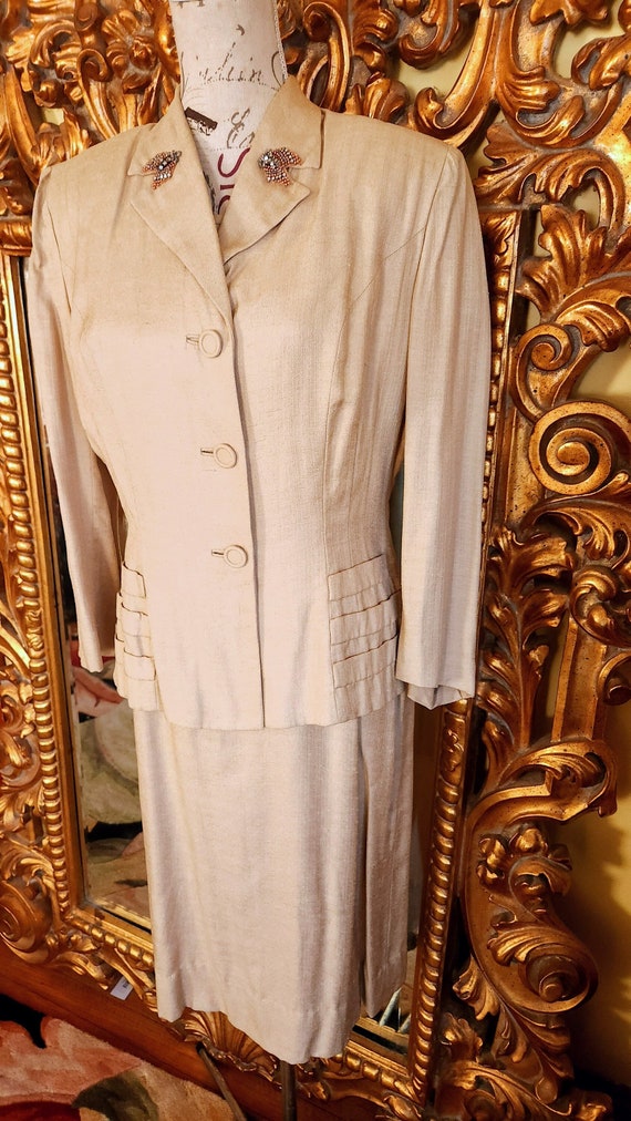 Vintage 40's Fred A. Block Beige Linen Dress Suit