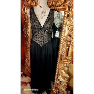 Vintage 80&#39;s Spotlight Black and Gold Metallic Lace Nightgown