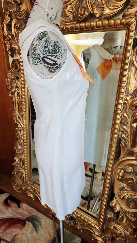 Vintage 60's White Cotton Linen Sheath Dress with… - image 4