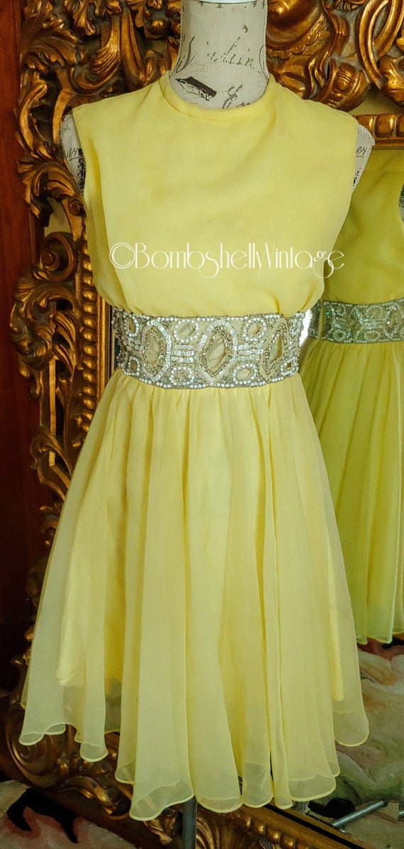 Vintage 60's Yellow Chiffon Cocktail Dress with Tr