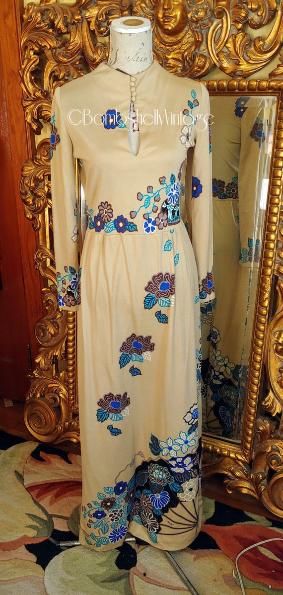 Vintage 70's Paganne Tan Asian Floral Maxi Dress w
