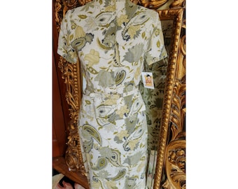 Vintage 60's Adelaar Beige and Green Floral Linen Skirt Set