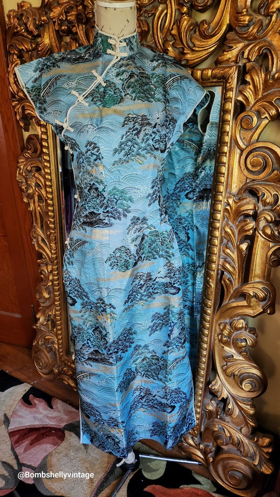 Vintage 50's Blue and Gold Metallic Brocade Cheong