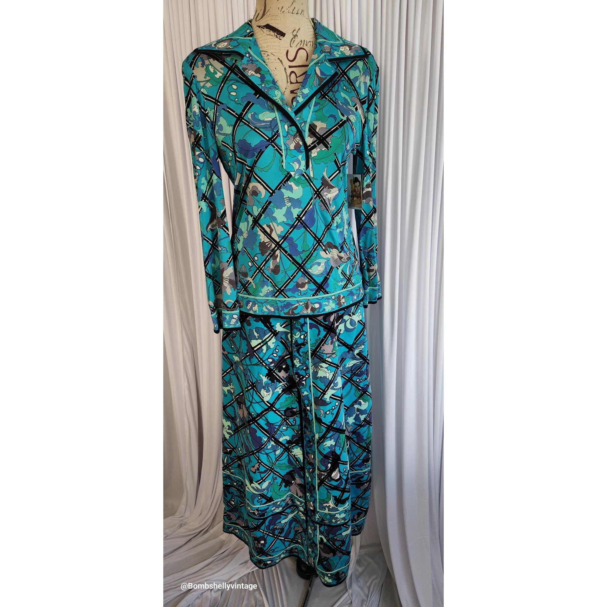 Vintage 60's Emilio Pucci Blue Print Velvet Maxi Skirt & Silk Top