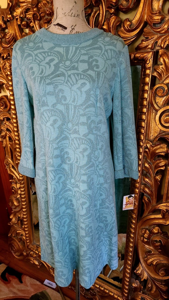 Vintage 60's Metallic Aqua Blue Knit Dress - image 1