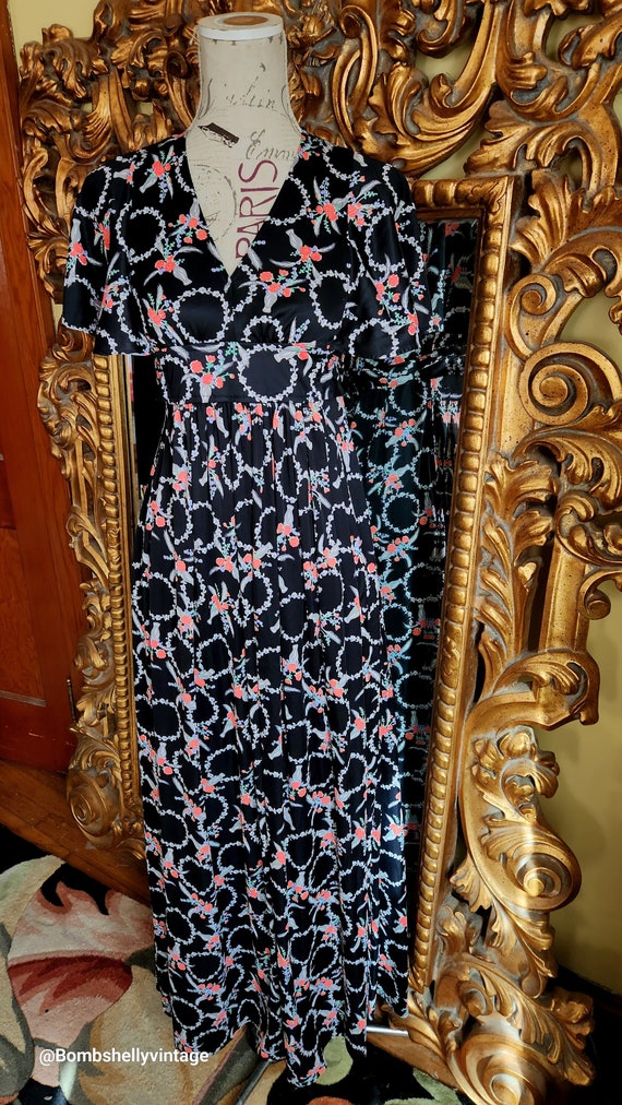 Vintage 70's Black 30's Print Floral Maxi Dress w… - image 1