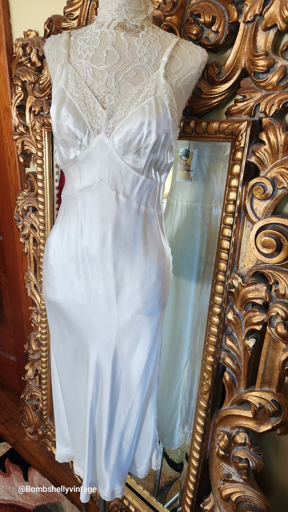 Vintage 40's Textron White Satin Slip with Lace Tr