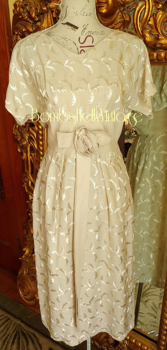 Vintage 50's Beige Embroidered Linen Dress with Bo