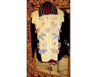 Vintage Storybook Teje Folk Lore Jardín Tema Suéter 1X Nuevo Stock Antiguo