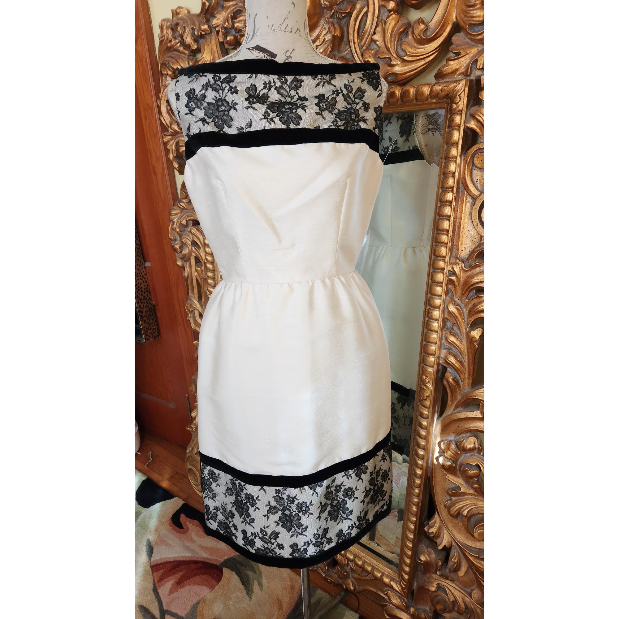 Vintage 60's Pat Sandler White Silk and Black Lace Cocktail Dress
