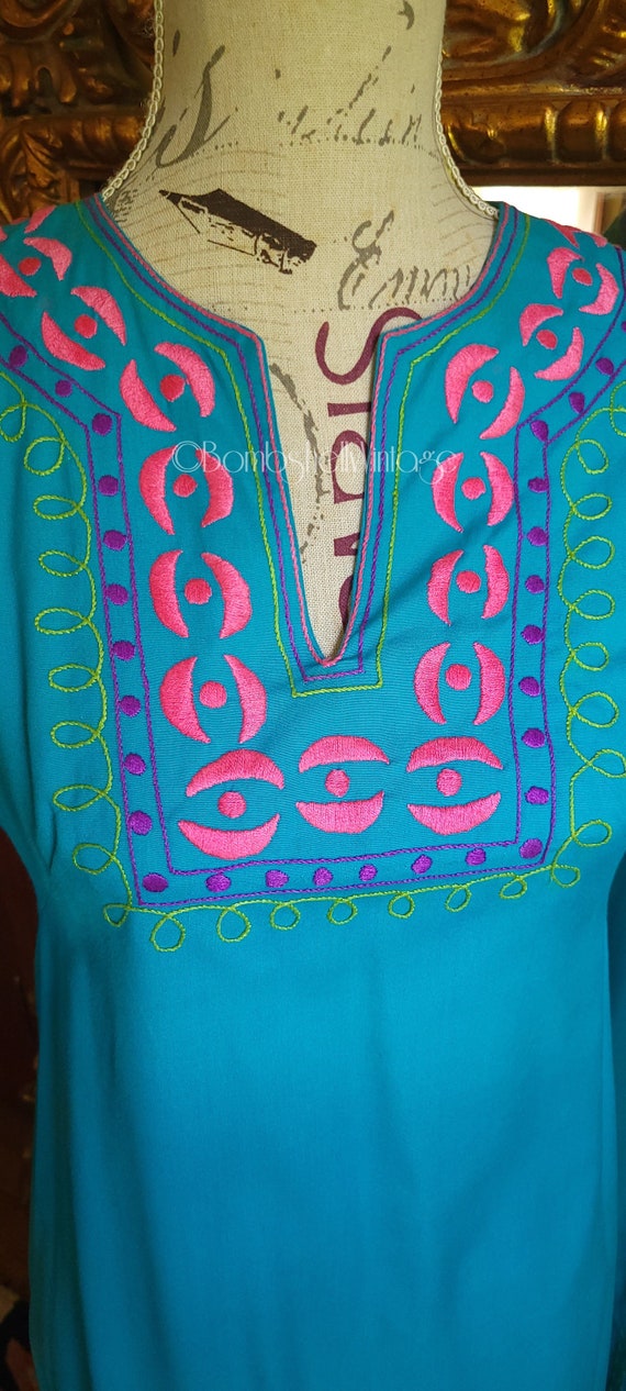 Vintage 60's Josefa Blue and Pink Cotton Caftan - image 4