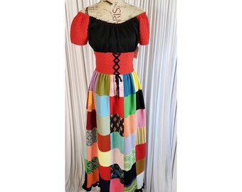 Abito lungo da contadino vintage anni '60 fatto a mano con patchwork