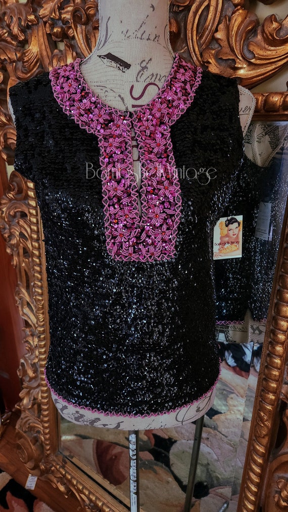 Vintage 60s Cardell Black and Pink Sequin Wool Top