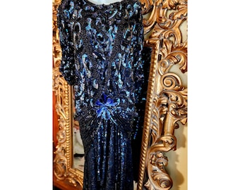 Vintage 80's Black and Blue Sequins Blouson 20's Style Gown