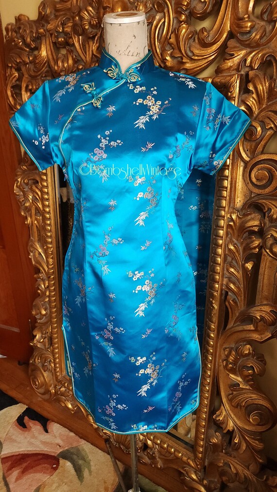 Vintage 80's Peacock Blue Satin Short Cheongsam Dr