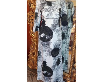 Vintage 60&#39;s Alfred Shaheen Black and White Bark Cloth Tiki Dress