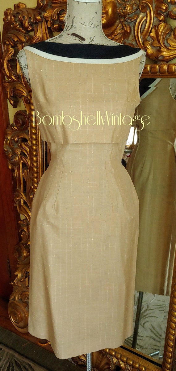 Vintage 50's Tan and Black Sexy Linen Wiggle Dress