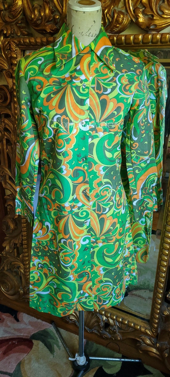 Vintage 60's Mod Psychedlic Green Mini Shirtdress 