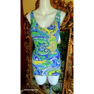 Vintage 60&#39;s SandCastle Mod Blue & Green One Piece Swim Suit