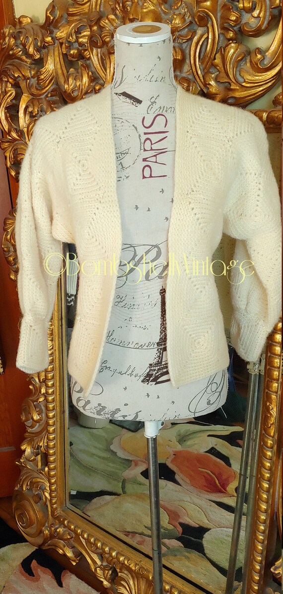 Vintage 70's White Hand Knit Cardigan Sweater
