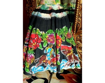 1950s Feather Print Mexican Circle Skirt | M/L