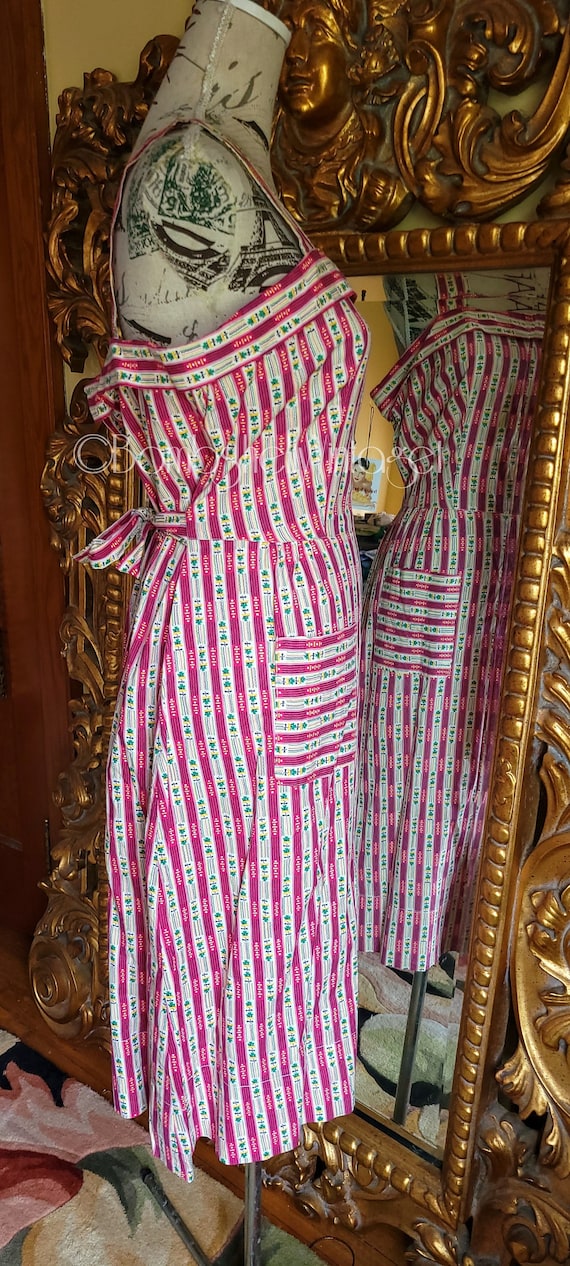 Vintage 40's Simplicity Frock Red Striped Sundress - image 3