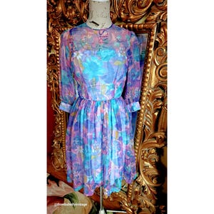 Vintage 60&#39;s Blue and Purple Floral Chiffon Fit and Flare Dress